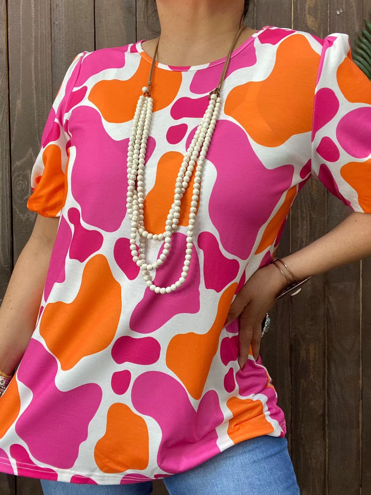 XL, 2X, 3X Pink and Orange cow print top