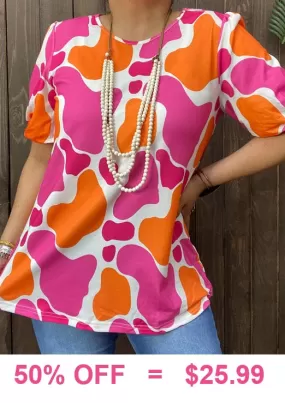 XL, 2X, 3X Pink and Orange cow print top